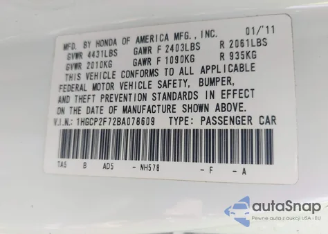 2011 Honda Accord 2.4 Ex from USA, damaged, VIN 1HGCP2F72BA078609